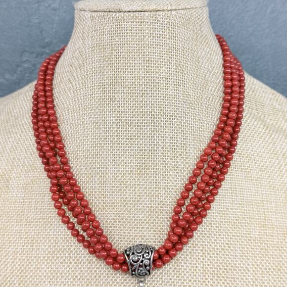 Multi Strand Red Coral and Turquoise Sterling Silver Pendant Statement Necklace - Picture 4 of 11